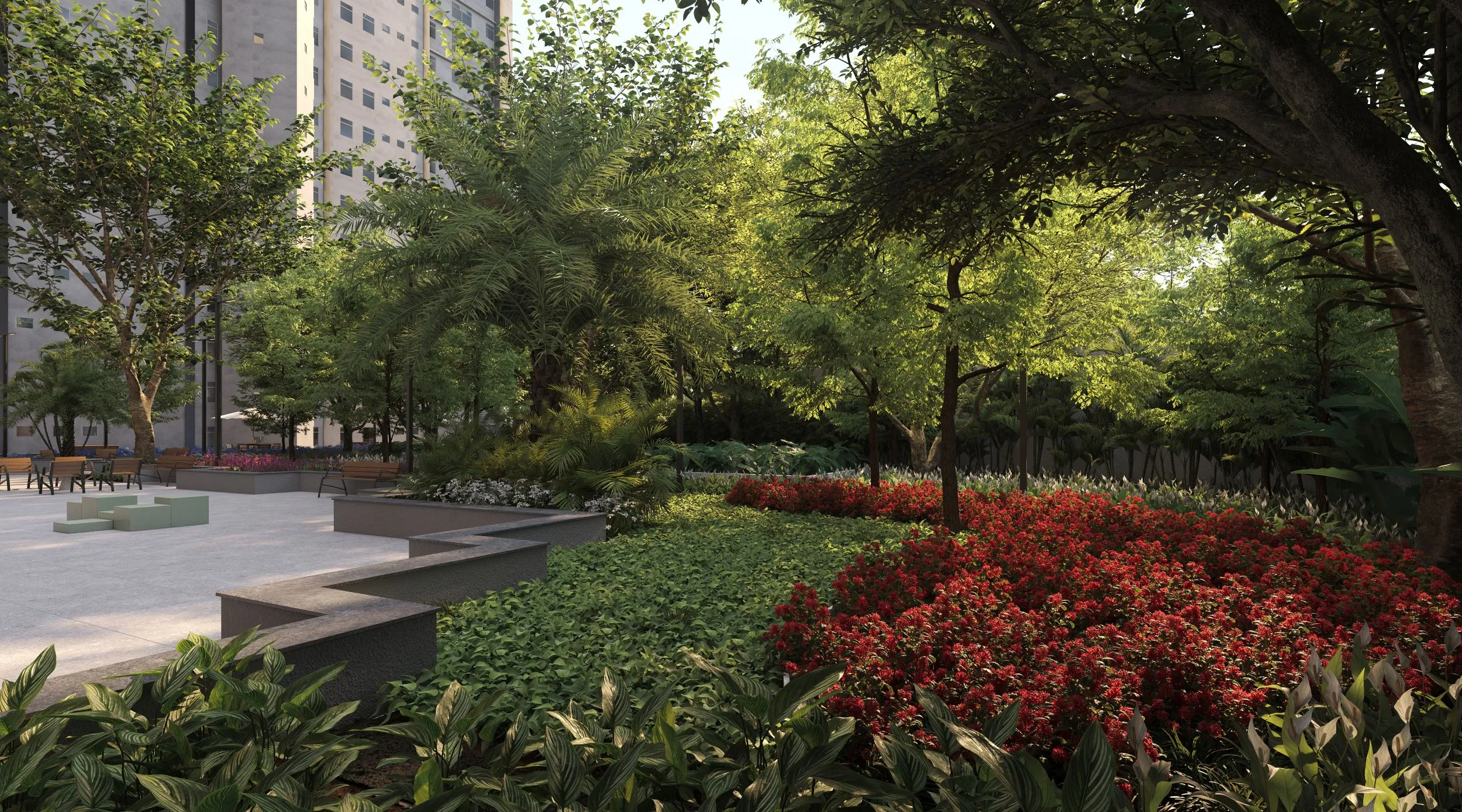 Caminhos arborizados e área verde integrada de 930 m²