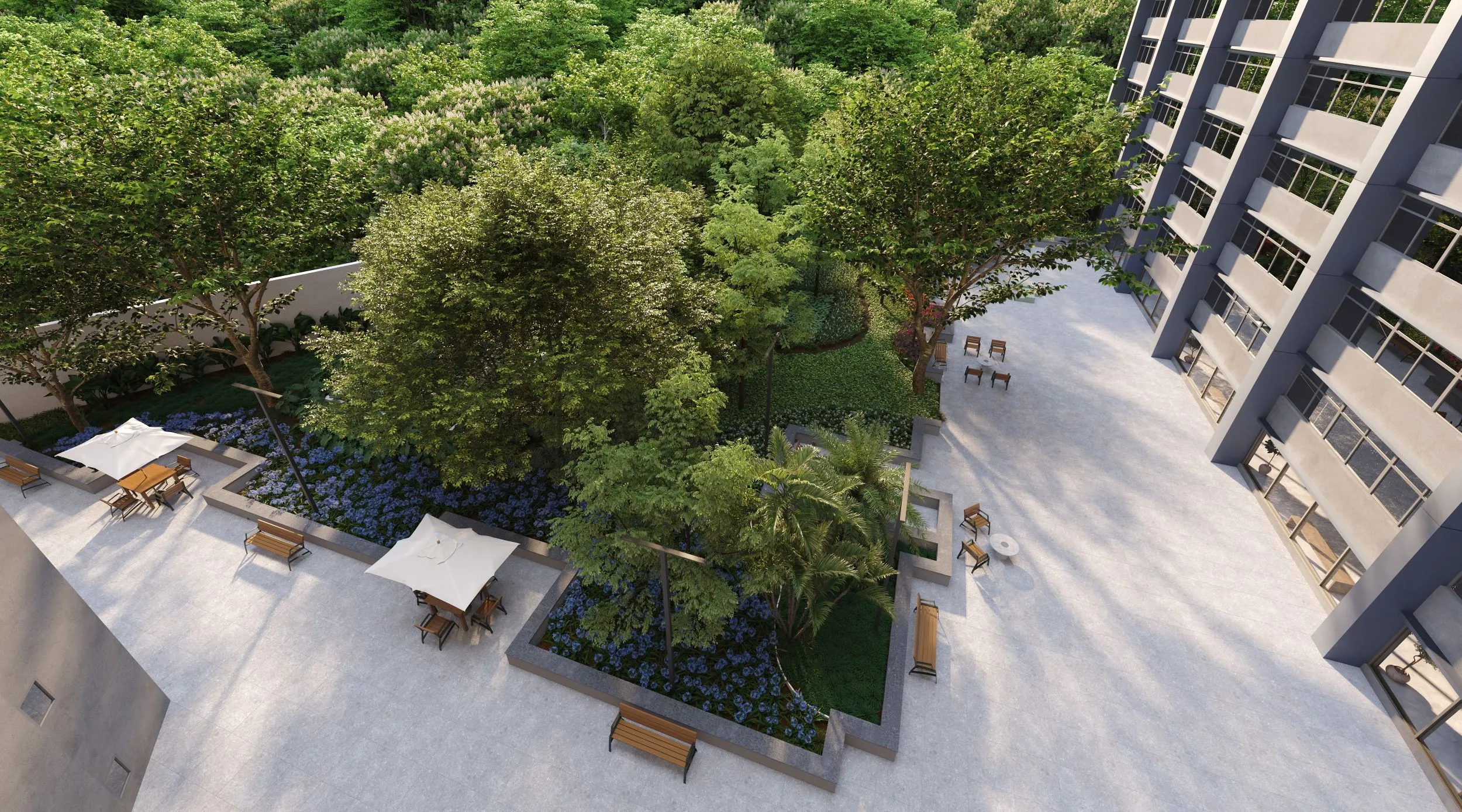 Pátio central ajardinado com projeto de paisagismo Neusa Nakata
