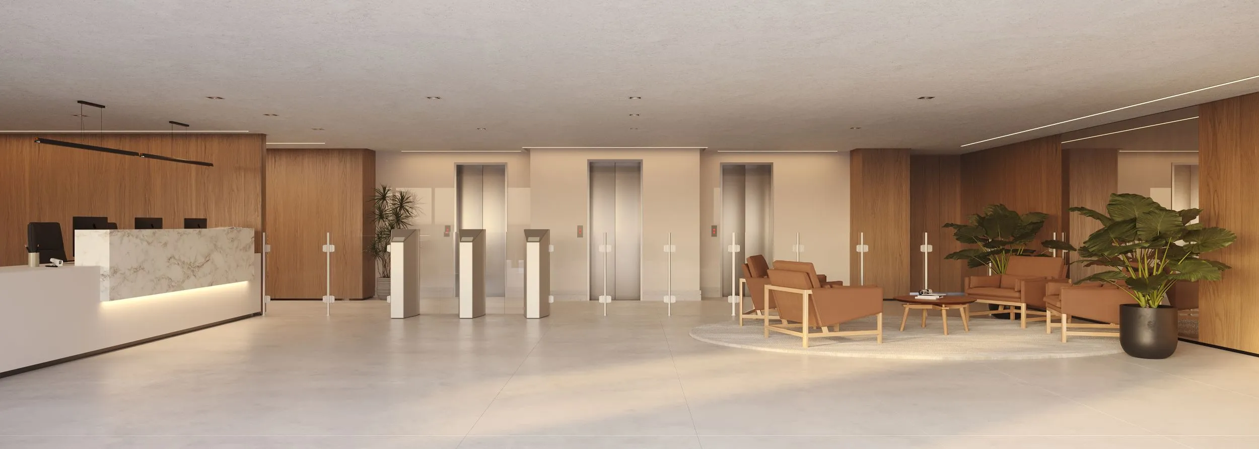 Hall e recepção monumental da Torre A com catracas eletrônicas